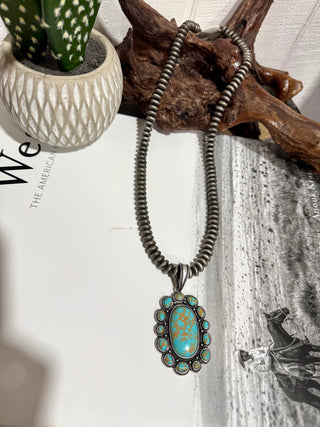 Turquoise Cluster Pendant Navajo Pearl Necklace-30”
