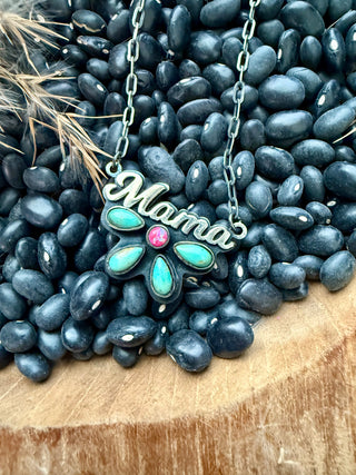 Sterling Silver Mama Necklace with Kingman Turquoise Flower & Pink Opal Center – Western Boho Jewelry