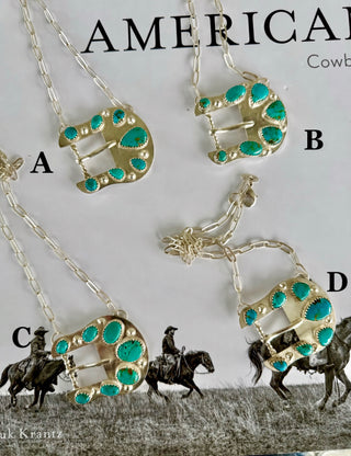 Silver Plated Belt Buckle Necklaces with Authentic Kingman Stones Set in Sterling Silver