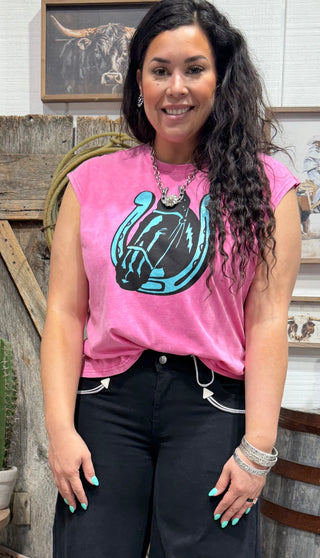 Pink Western Horse Graphic Tee – Turquoise Horseshoe Cowgirl Shirt | Western Boho Boutique Muscle Tee