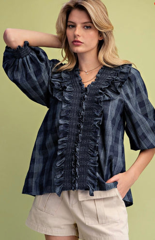 Dark Denim Plaid Smocked Ruffle Blouse