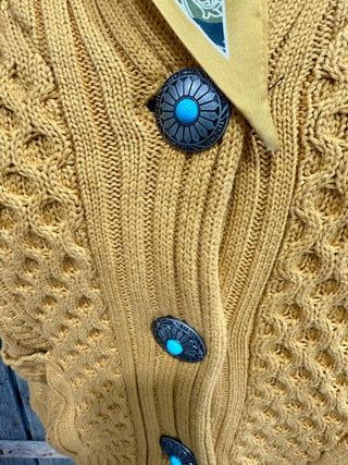 Golden Mesa Concho Cardigan – Mustard Cable Knit Western Sweater with Turquoise Button Detail