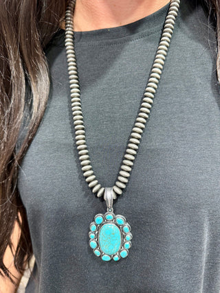 Turquoise Concho Pendant Pearl Necklace-