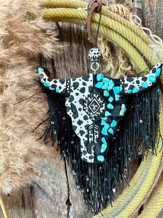 Turquoise & Black Longhorn Car Freshie with Fringe – Western Cow Print Air Freshener