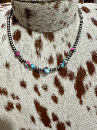 Cotton Candy Turquoise & Sterling Silver Beaded Choker – 4mm, 5mm, 6mm Pearls-001
