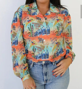 Wild West Cowgirl Club Collage Retro Print Button Down Top