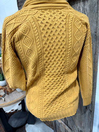 Golden Mesa Concho Cardigan – Mustard Cable Knit Western Sweater with Turquoise Button Detail