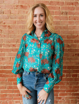 Turquoise Floral Buffalo Button-Up Sheer Blouse