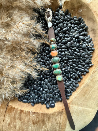 Handmade Sterling Silver Turquoise & Spiny Oyster Leather Cuff Bracelet – Southwestern Western Jewelry- A