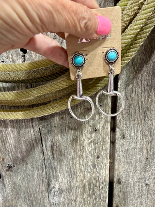 Western Turquoise Snaffle Bit Dangle Earrings | Silver Horse Bit Cowgirl Earrings