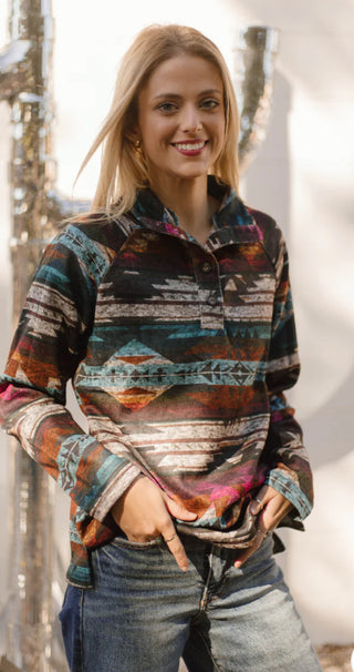 Mount Whitney Aztec Henley Pullover – Cozy Southwest Print Top