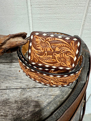 Hand-Tooled Western Leather Belt with Buck Stitch Detail – Floral Carved Cowgirl Belt-138