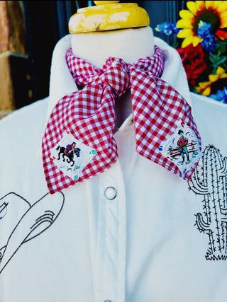 Red Gingham Western Wild Rag with Cowboy & Cowgirl Patch Details