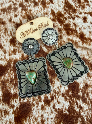 A Rare Bird Tibetan Silver Concho Earrings with Turquoise Stones