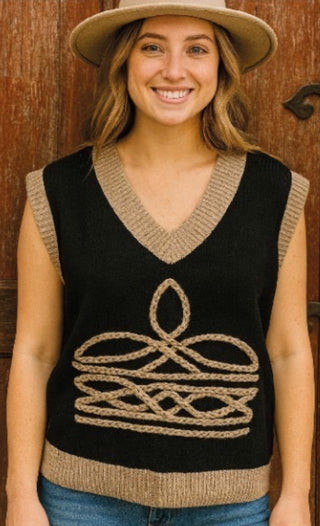 Western Boot Stitch Cowboy Sweater Vest – Black & Tan Knit