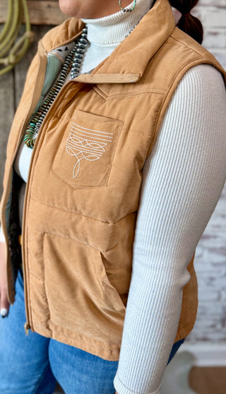 Saddle Tan Faux Suede Boot Stitch Western Puffer Vest