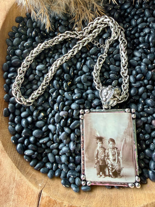 Vintage Western Native American Children Heritage Photo Necklace – Gold Chain Statement Pendant | Cowgirl Boho Jewelry