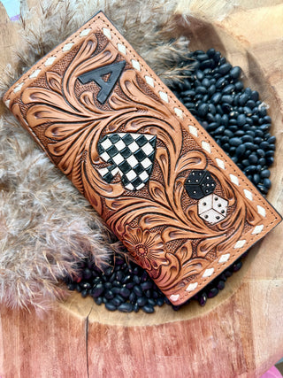 Tooled Leather Western Wallet – Ace of Spades Checkered Design