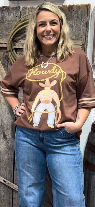 Varsity Rodeo Western Howdy Cowboy Graphic Tee | Brown Retro Cowgirl Ringer T-Shirt