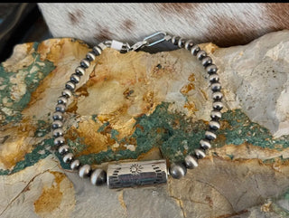 Sterling Silver Beaded Bracelet with Stamped Barrel Accent | Southwestern Silver Bracelet