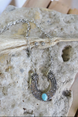 Silver Horseshoe Necklace with Turquoise Stone | Western Boho Jewelry