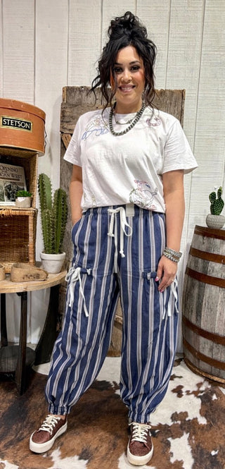 Striped Drawstring Cargo Jogger Pants | Relaxed Fit Bottoms-Navy