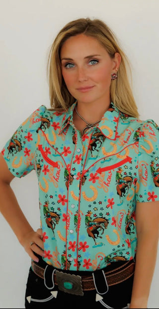 Howdy Hanny Western Pearl Snap Shirt for Women | Turquoise Cowgirl Print Rodeo Top