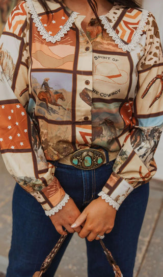 Spirit of the Cowboy Western Collage Print Blouse with Lace Peter Pan Collar