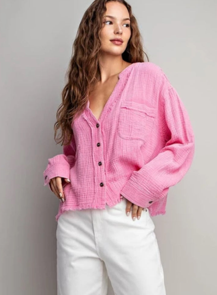 Bubble Gum Pink Gauze Button Down Shirt