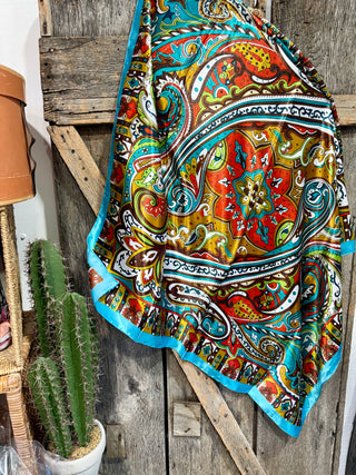 Turquoise & Rust Paisley Wild Rag Scarf – 34” x 34” Western Cowgirl Silk Feel Bandana