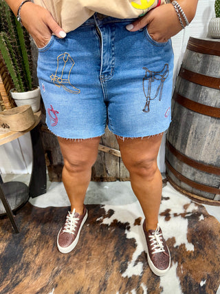 Western Embroidered Stretch Denim Shorts – Mid Wash Cowgirl Shorts with Tummy Control & Frayed Hem- Lucky & Blessed 