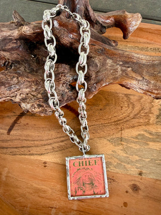 Western Big Chief Tablet Pendant Necklace – Silver Chain Statement Jewelry, Vintage Inspired Design