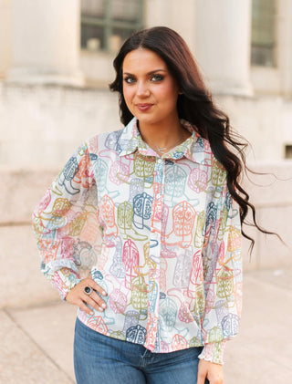 Pastel Cowboy Boots Button-Up Mesh Blouse