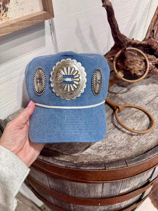 Western Concho Denim Trucker Hat | Turquoise Slot Boho Cowgirl Cap