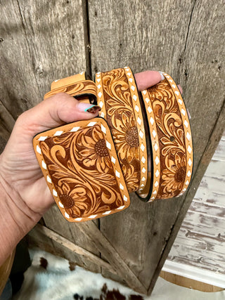 Hand Tooled Western Leather Belt with Buckle – Floral Sunflower Design