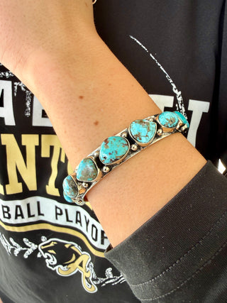 Kingman Turquoise & Tibetan German Silver Adjustable Cuff Bracelet