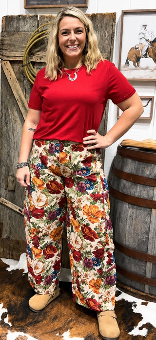 Flower Print Boho Barrel Jeans – Boho Floral Leg Pants