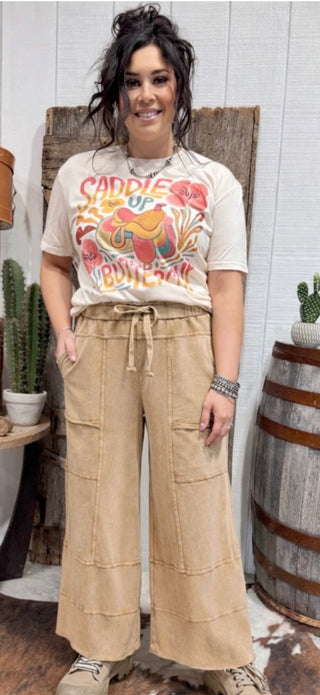 Easel Acid Wash Cargo Lounge Pants – Elastic Waist Wide Leg Pants- Mustard