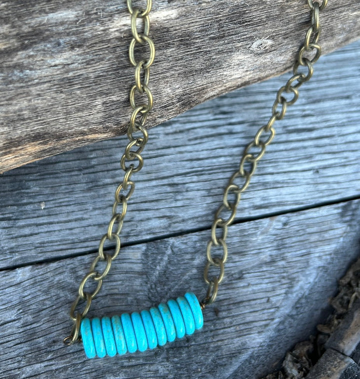 Antique Gold Turquoise Stacked Stone Bar Necklace
