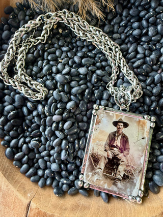 Vintage Cowboy Photo Pendant Necklace | Western Outlaw Statement Chain | Rustic Cowgirl Jewelry