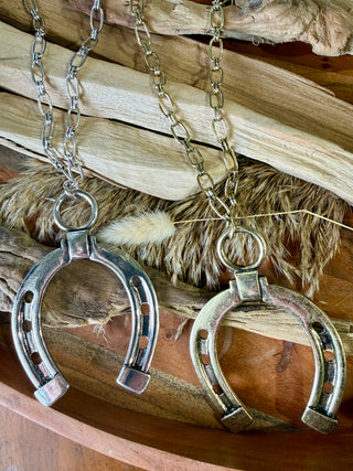 18” Horseshoe Pendant Paperclip Chain Necklace | Western Cowgirl Statement Necklace
