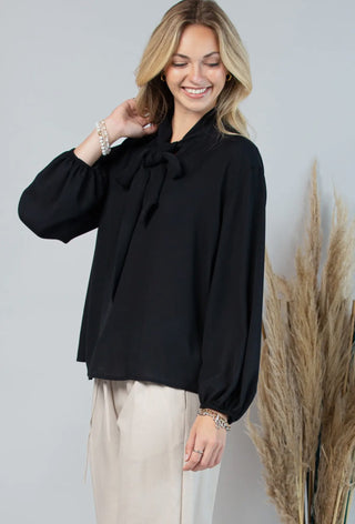 Black Bow Tie Blouse Balloon Sleeve Dressy Top