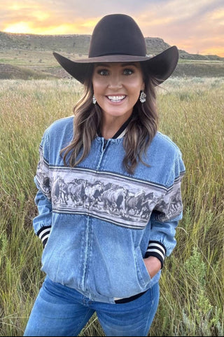 Vintage Western Denim Jacket – Wild Horse Print Zip-Up Cowgirl Bomber Jacket
