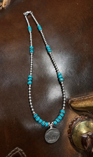 Western Buffalo Nickel Faux Navajo Pearl Necklace with Turquoise Heishi Beads