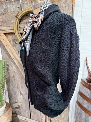 Midnight Mesa Concho Cardigan – Black Cable Knit Western Sweater with Turquoise Buttons