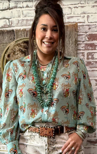 Howdy Cowboy Print Western Button-Down Blouse – Vintage Rodeo Cowgirl Shirt