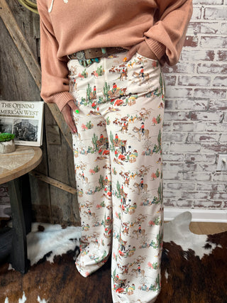Western Cowboy Print Wagon Train Wide Leg Trousers – Women’s Vintage Rodeo Pants