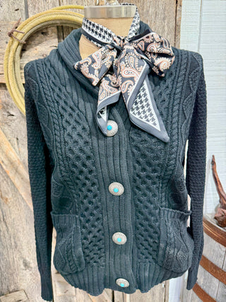 Midnight Mesa Concho Cardigan – Black Cable Knit Western Sweater with Turquoise Buttons