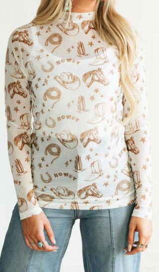 Howdy Western Icons Mesh Long Sleeve Top | Cowboy Print Layering Tee