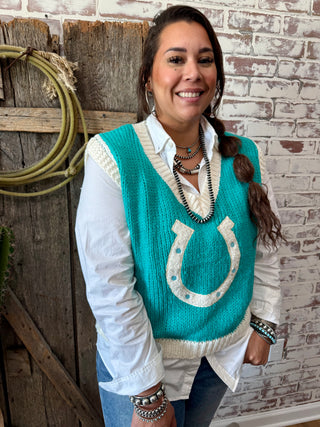 Turquoise V Neck Horseshoe Sweater Vest
